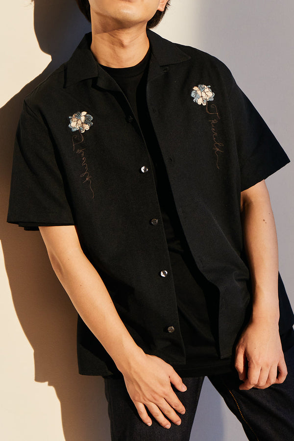 フラワー刺繍シャツ【ブラック】